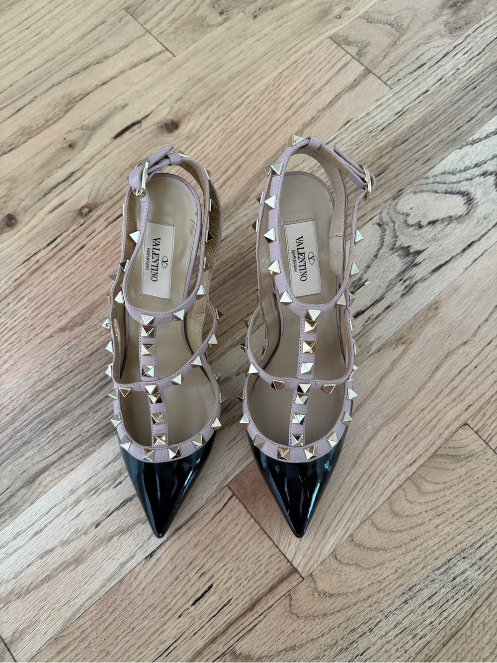 Valentino Two-Tone Rockstud T-Strap Pumps in Black and Beige